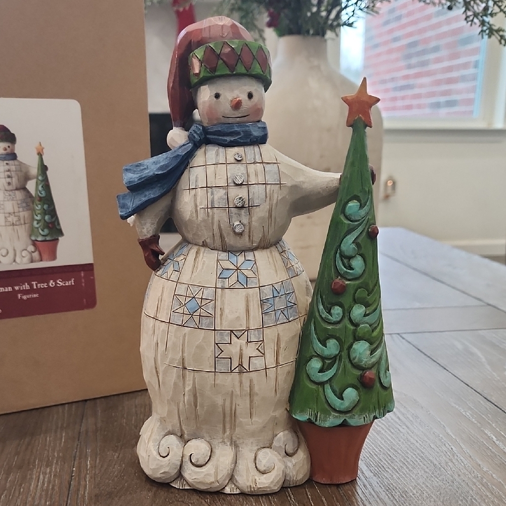 Folklore By Jim Shore Snowman with Tree & Scarf Figurine - Picture 2 of 9